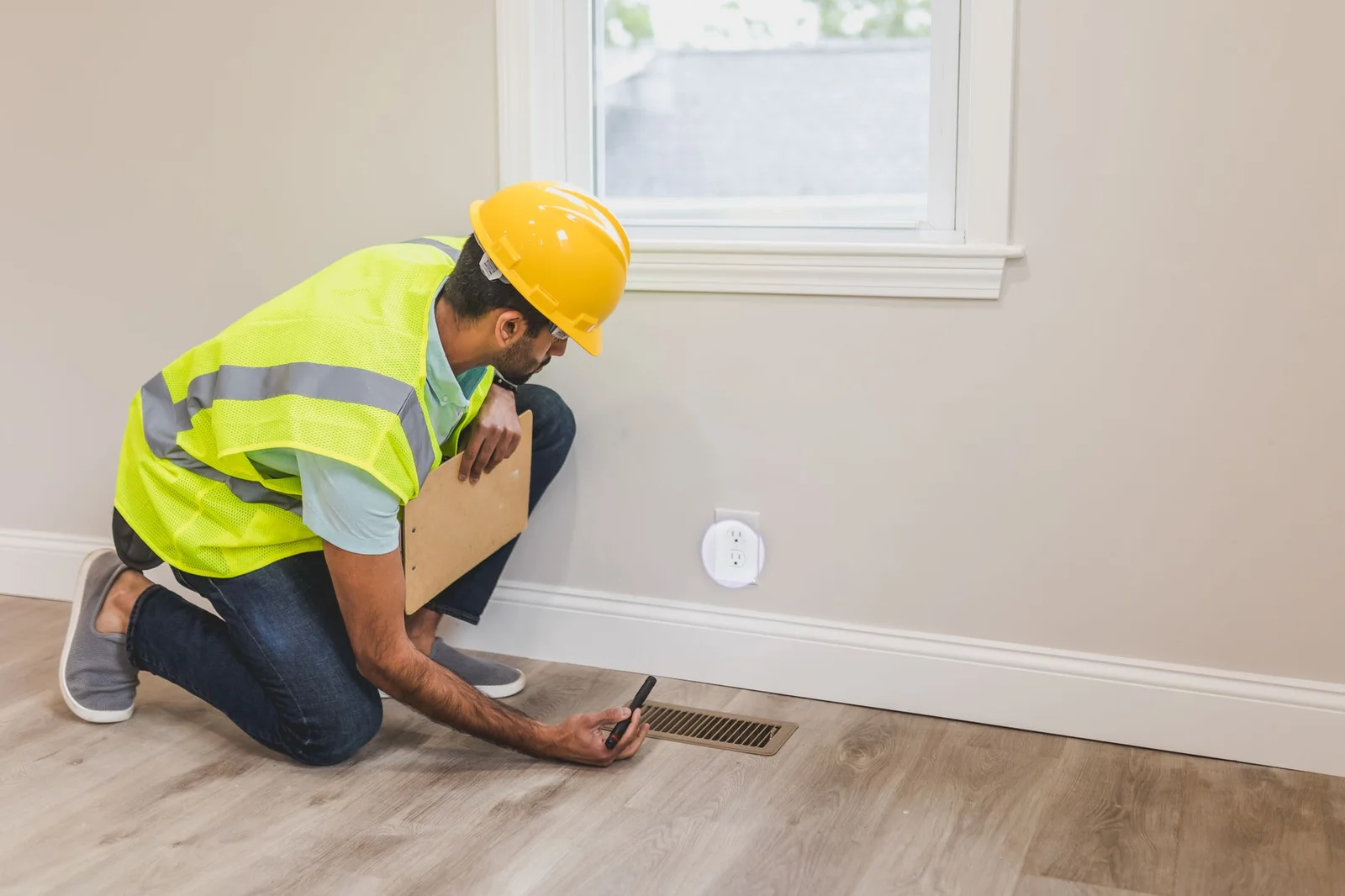 Technician documenting a completed HVAC service visit